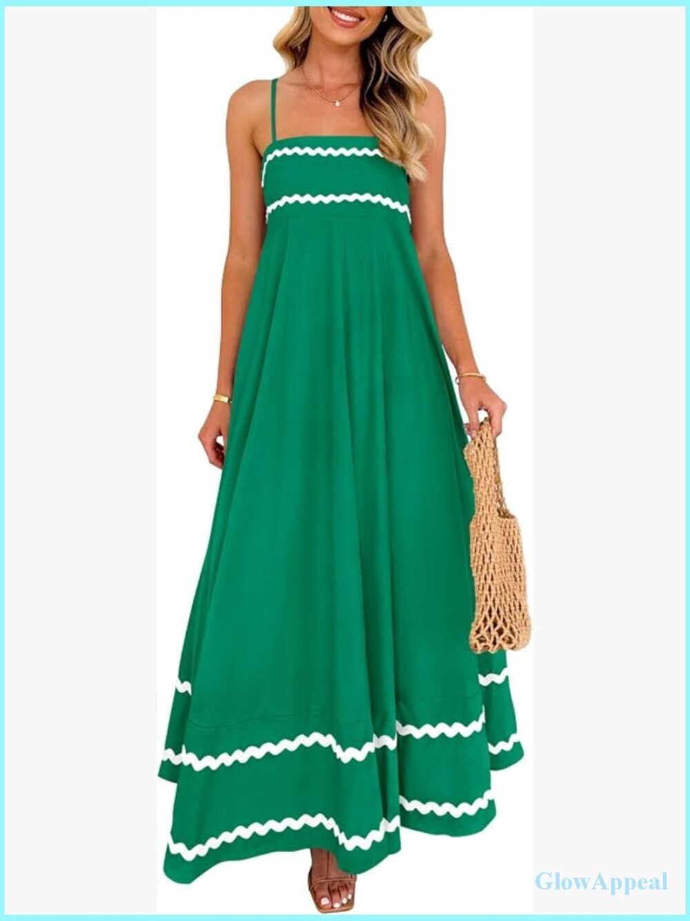 Flowy Sleeveless Spaghetti Strap Ruffle Square Neck Maxi Dress with Pockets